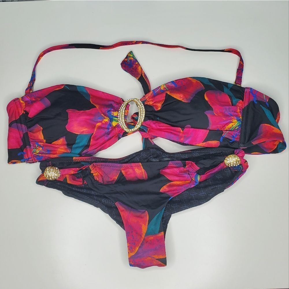 Victoria's Secret Bikini Set L XS Black Pink Lily Print Bold Floral Rhinestone